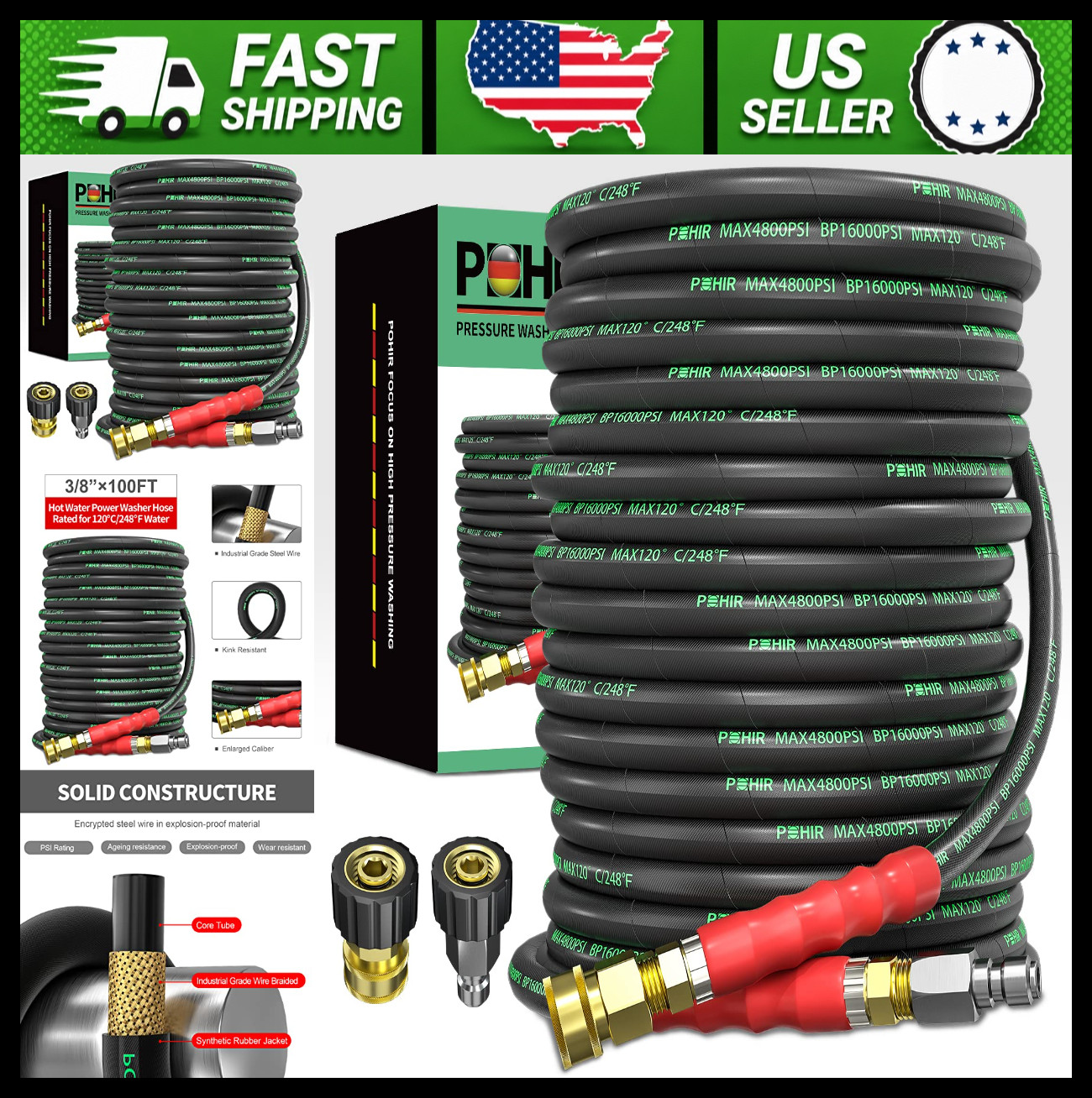 Pressure Washer Hose 100 ft 3/8 Inch Hot Cold Water 4800 PSI Quick Connect