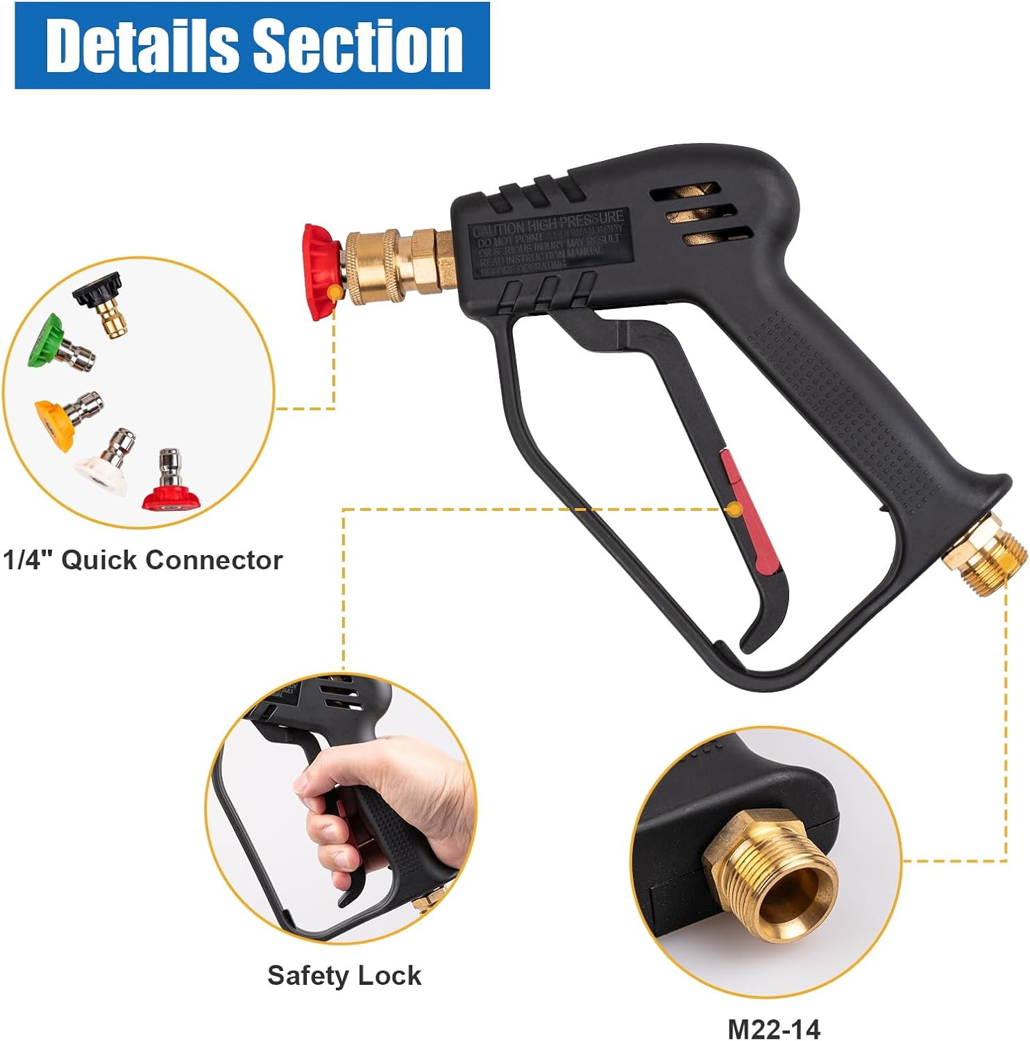 Pressure Washer Gun, Max 4000 PSI with 5 Colorful Nozzles, 1/4″ Quick Connect No