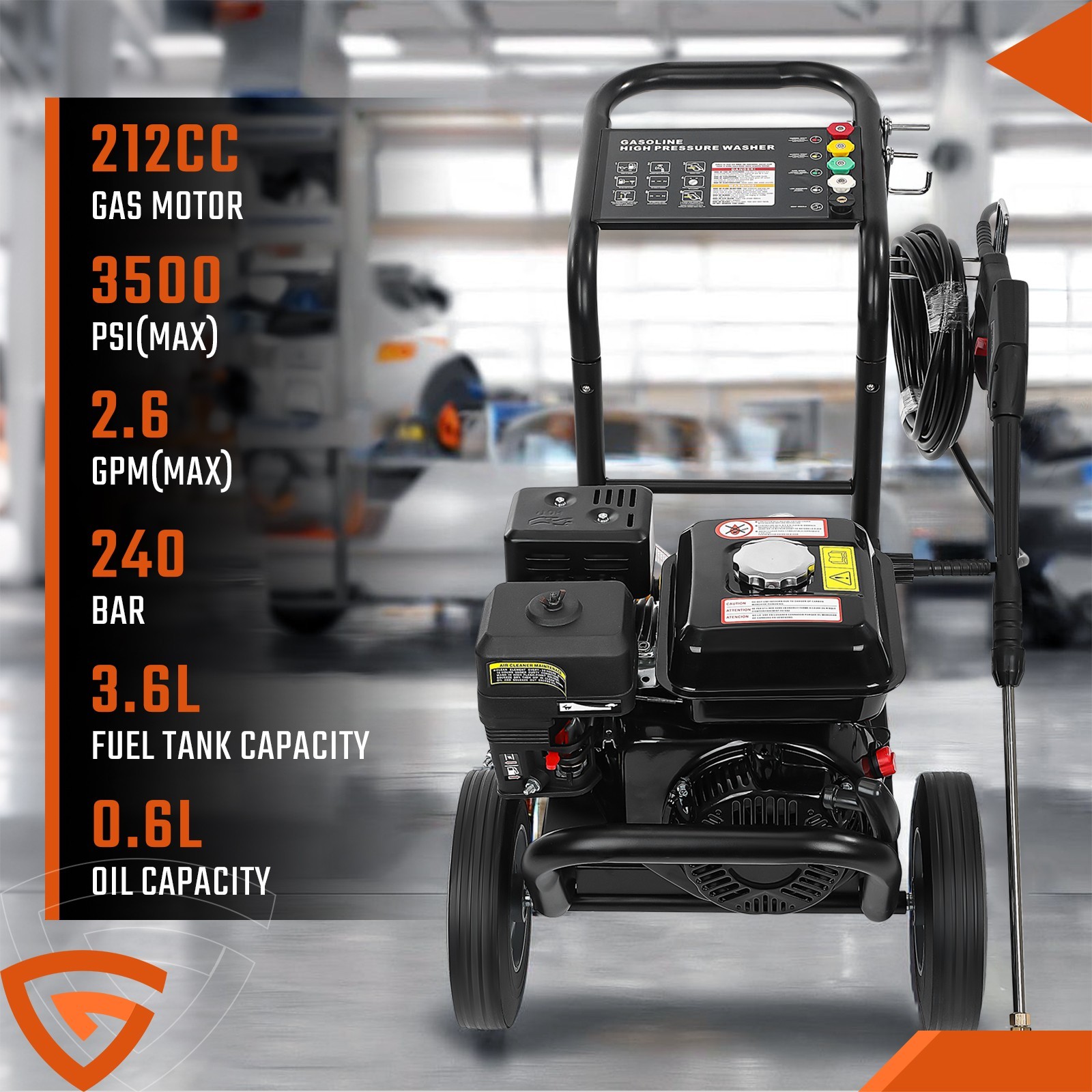 Gas Pressure Washer 3500PSI 2.6 GPM 212CC with 5 Nozzle Set for 3.6L FUEL TANK