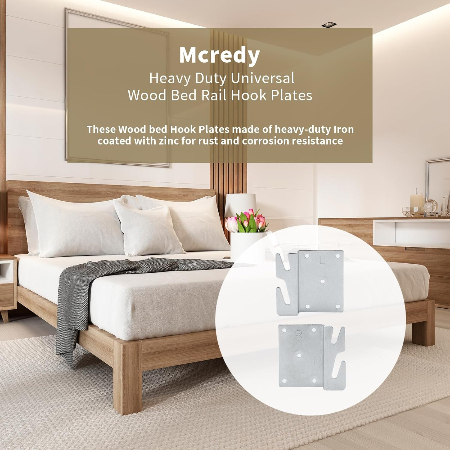 4 PCS Heavy Duty Wood Bed Rail Hook Plates with Screws for Headboard & Footboard