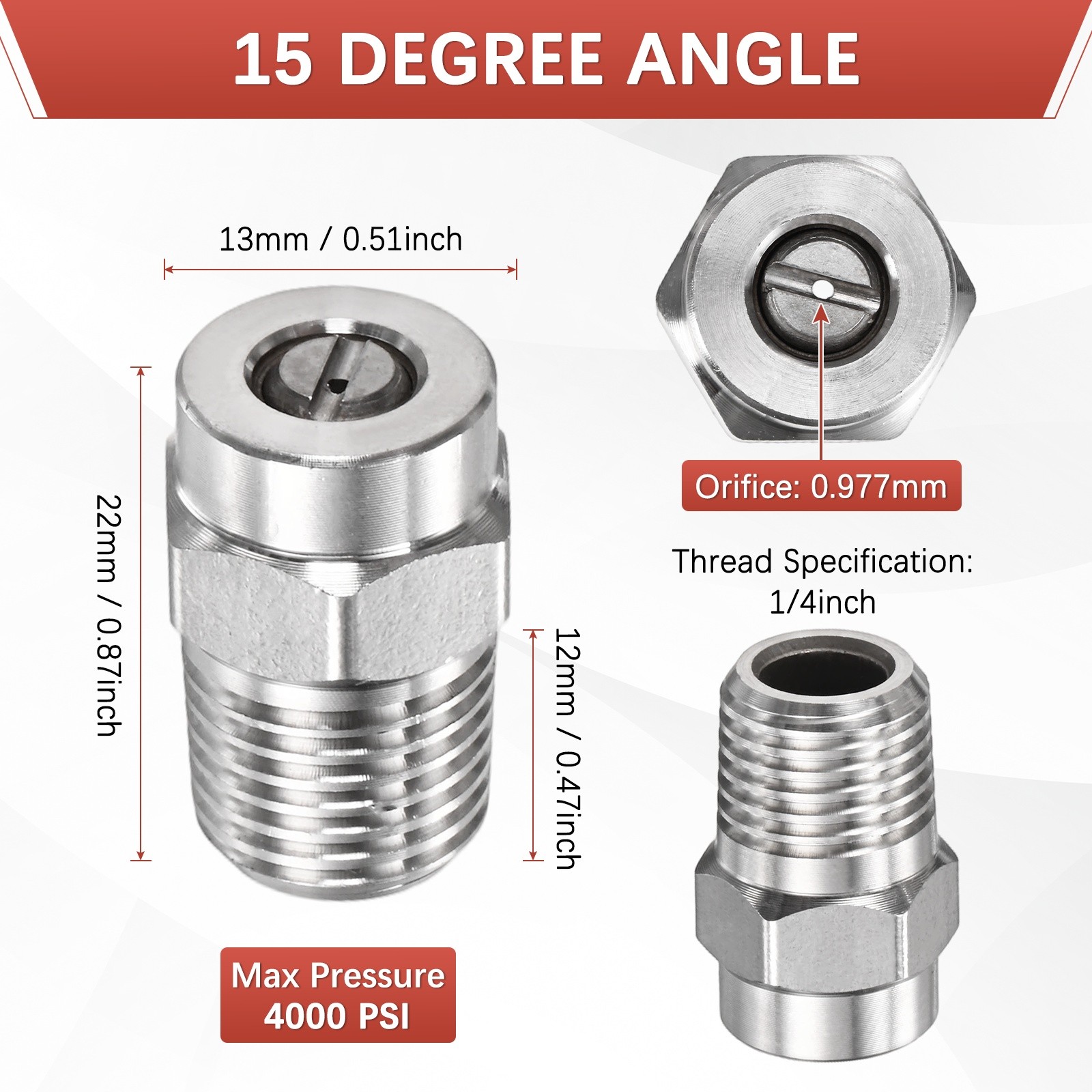 1/4″ NPT 15° Surface Cleaner Tip [4PCS] – Pressure Washer Nozzles [0.977MM Pore]