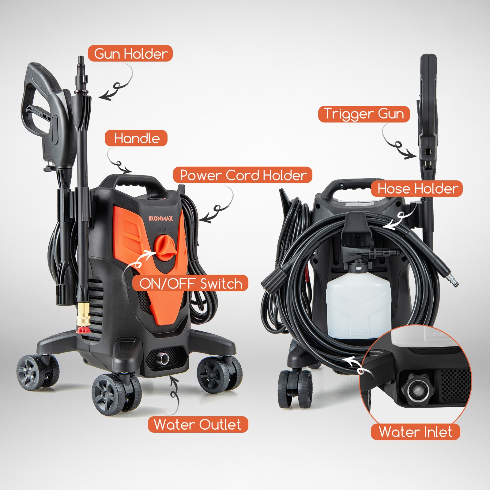 2400 PSI High Pressure Cleaner Machine Electric Pressure Washer w/4 Wheels