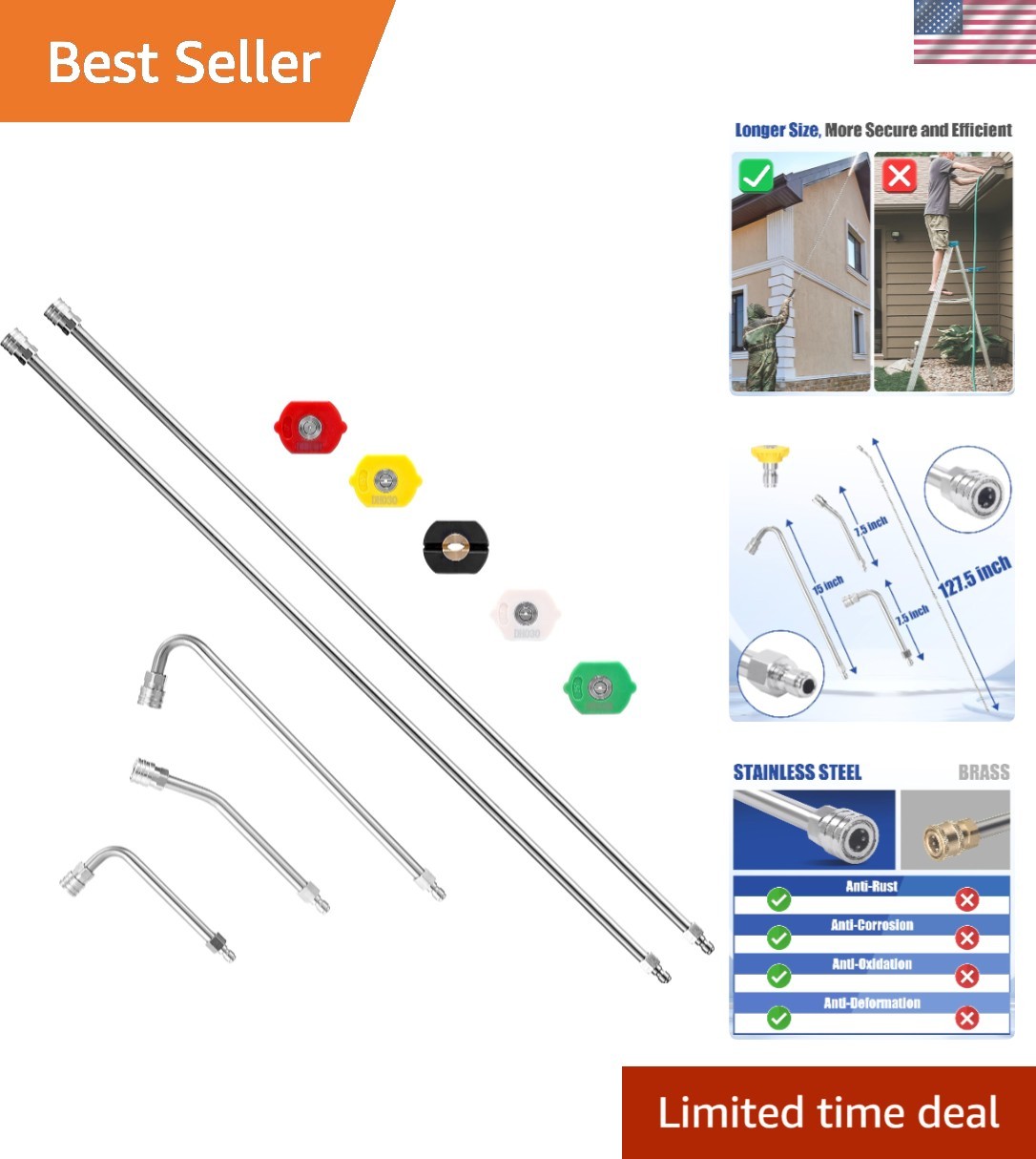 Versatile 120″ Extension Wand with 5 Nozzle Tips for Complete Cleaning Solutions