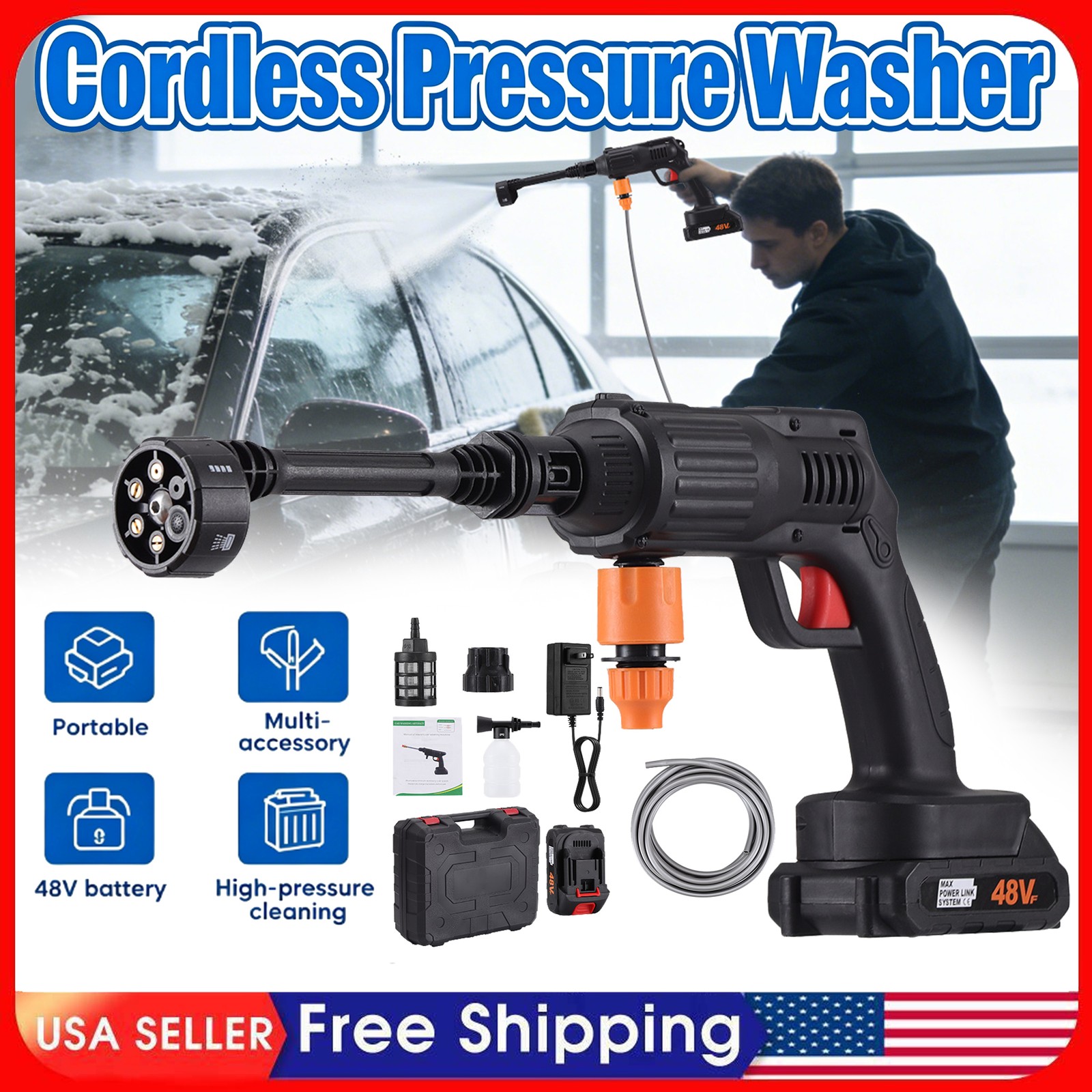 Cordless Pressure Washer，w/ 2 Batteries，5m Hose，6-in-1 Nozzle for Car Cleaning
