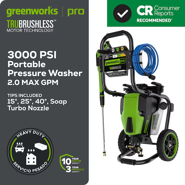 Greenworks Pro 3000-PSI 2.0-GPM Cold Water Electric Pressure washer with 5 Spray