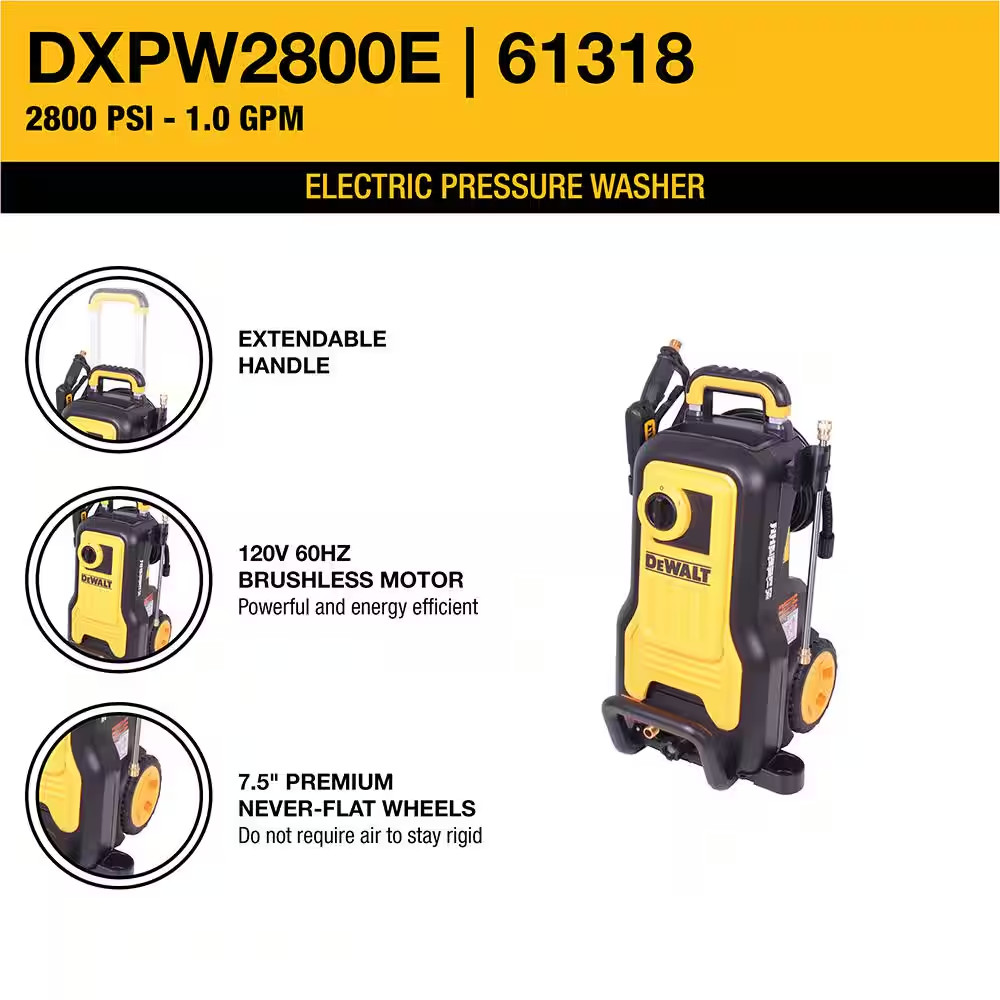 2800 PSI 1.0 GPM Electric Pressure Washer, Axial Pump, Soap Tank, Reliable Resid