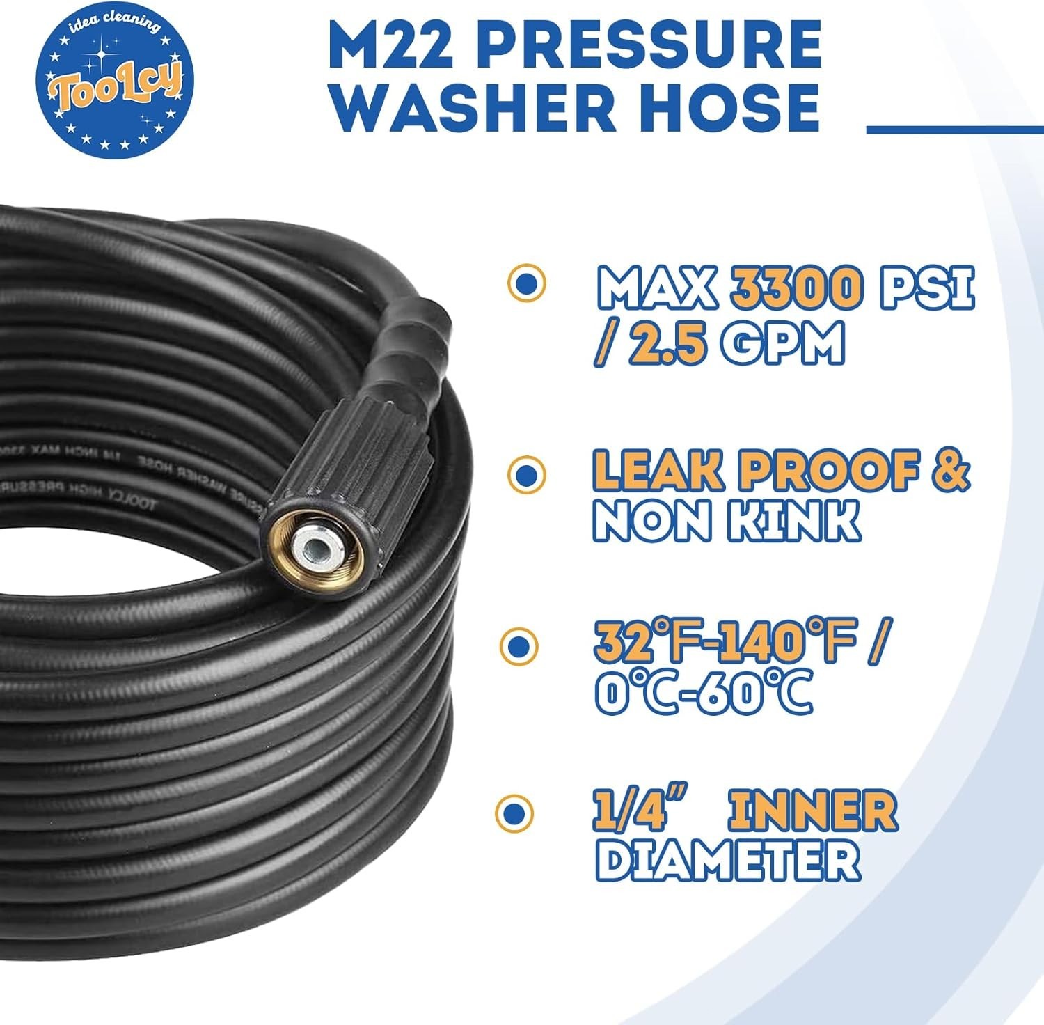 TOOLCY 3400 PSI Power Washer Hose 1/4″ Kink Resistant for Ryobi, Troy Bilt