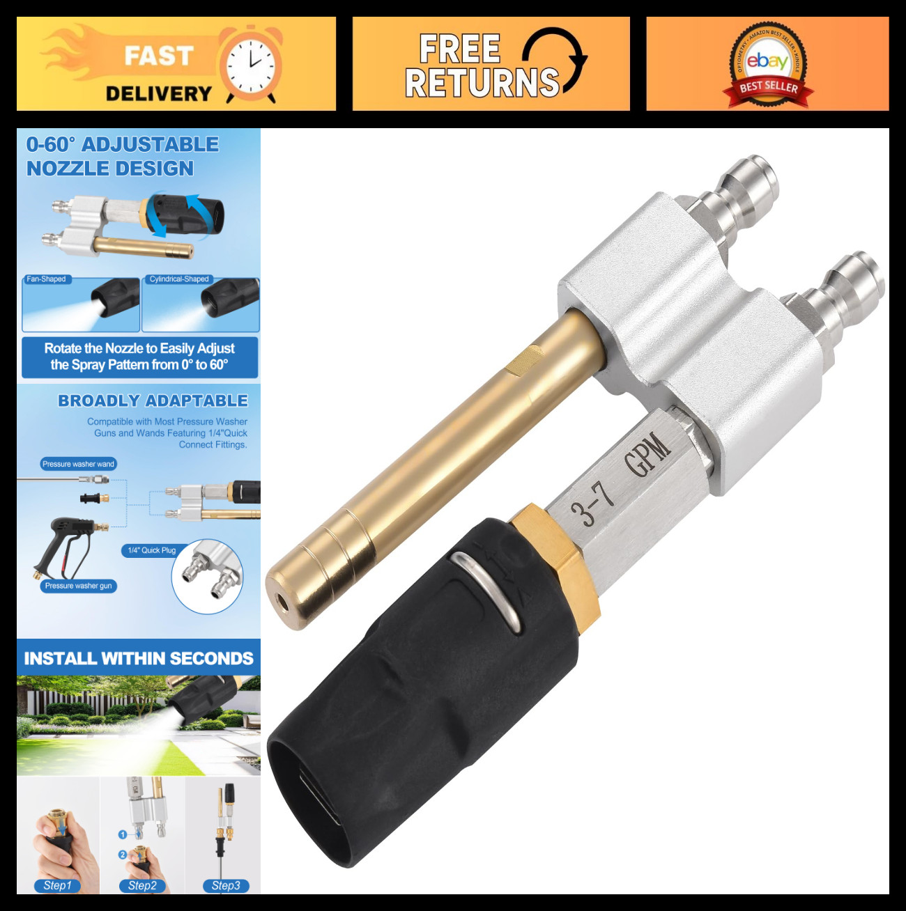 2-in-1 Soft Wash Chemical Nozzle, M5 Twist Shooter Tips, 0-60° Adjustable Spray,