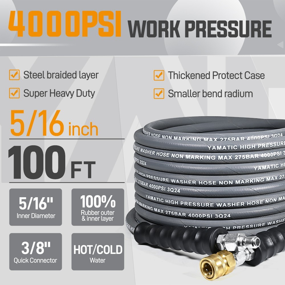 YAMATIC 5/16″ 4000 PSI Pressure Washer Hose 50/100FT with Swivel Quick Connector