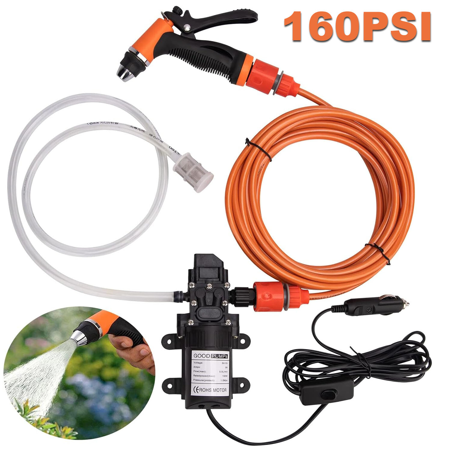 160PSI Washdown Wash Pump Kit Electric DIY Car Washer Cleaner Sprayer 12V Tool