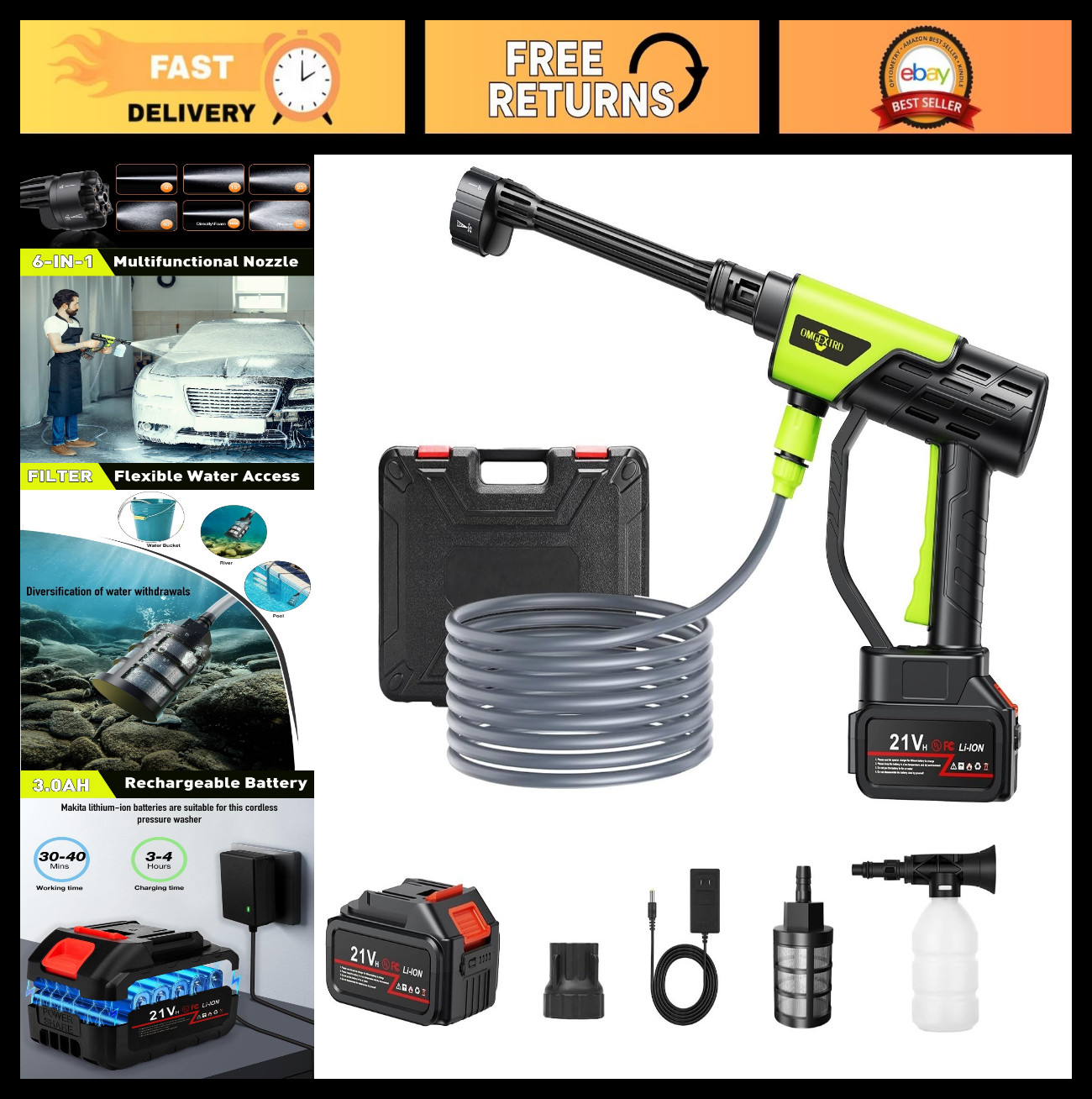 Lightweight Cordless Car Washer – Portable 6-in-1 Nozzle, Battery Powered, Ideal