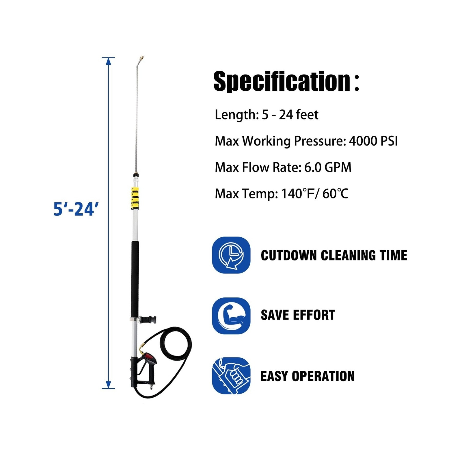 RAYNEL 24FT Telescoping Pressure Washer Extension Wand with Brush Head,Power …