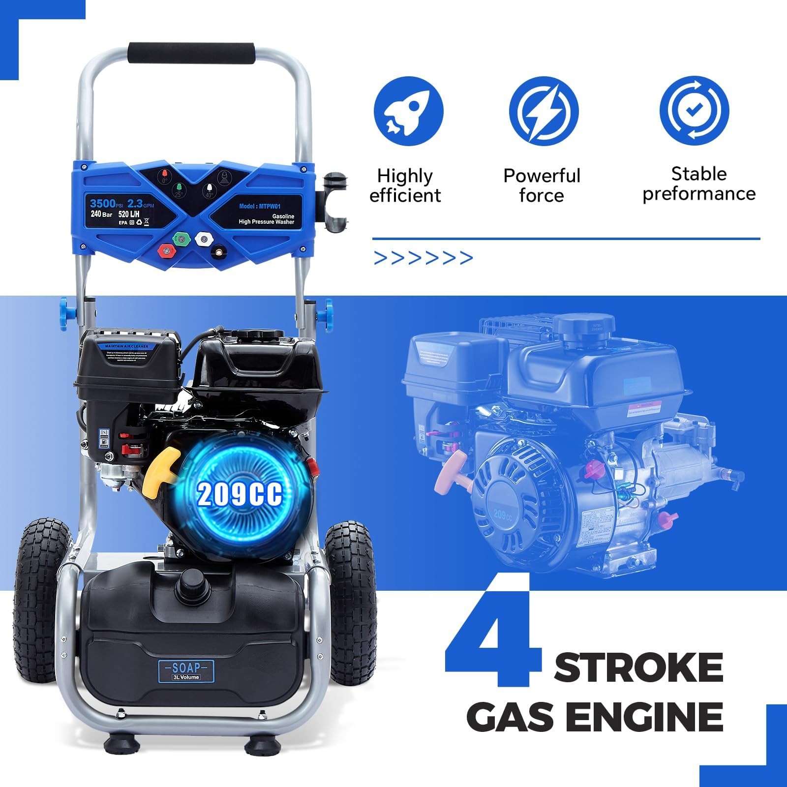 Efurden Cold Water Gas Pressure Washer 3500 PSI 2.3GPM 209CC Pressure Washer