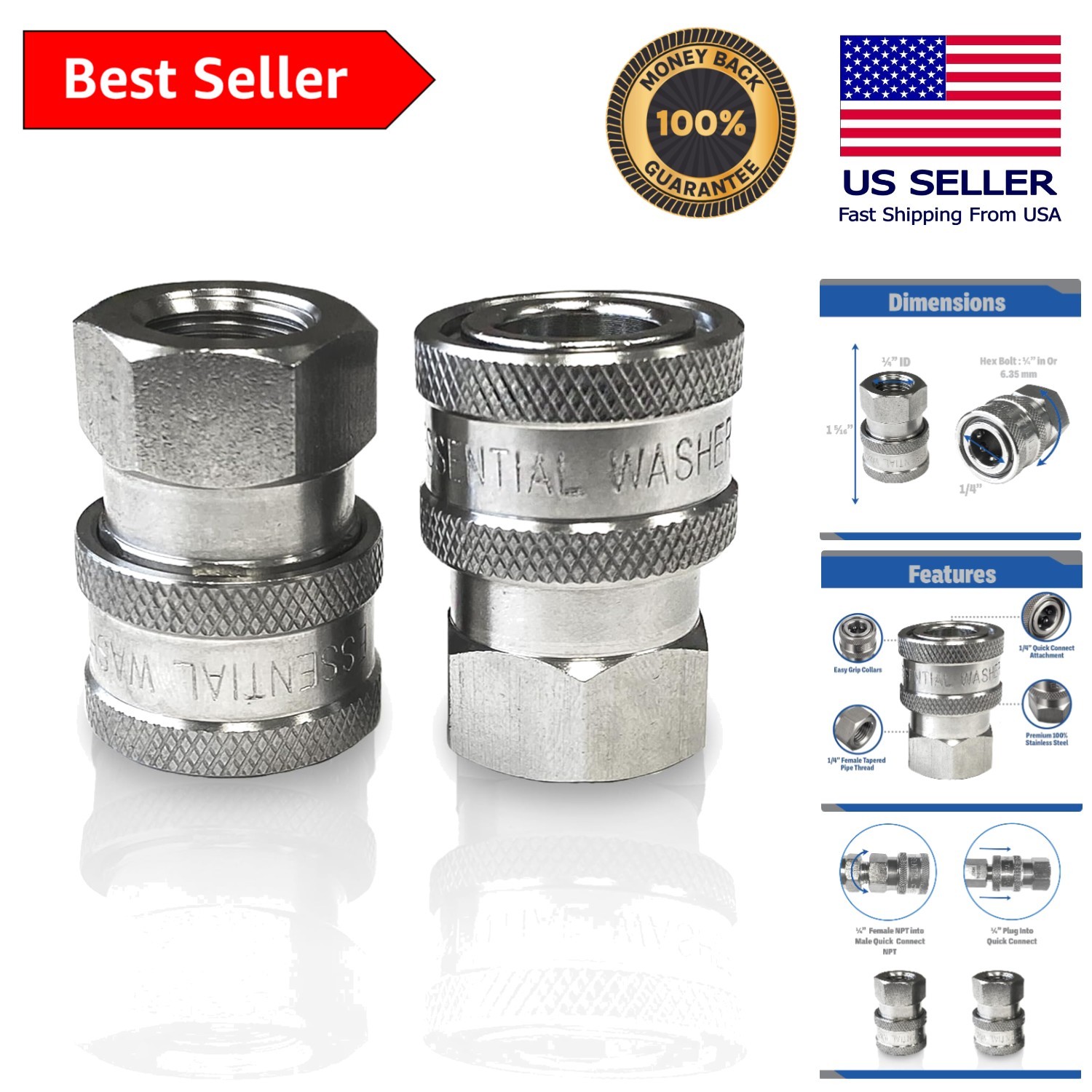 Twin Stainless Steel Quick Connect 1/4” Fittings, 5000 PSI for Pressure Washers