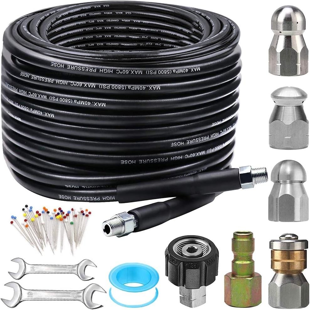 100FT Sewer Jetter Kit for Pressure Washer, 5800PSI Drain Cleaner Hose & Nozzle