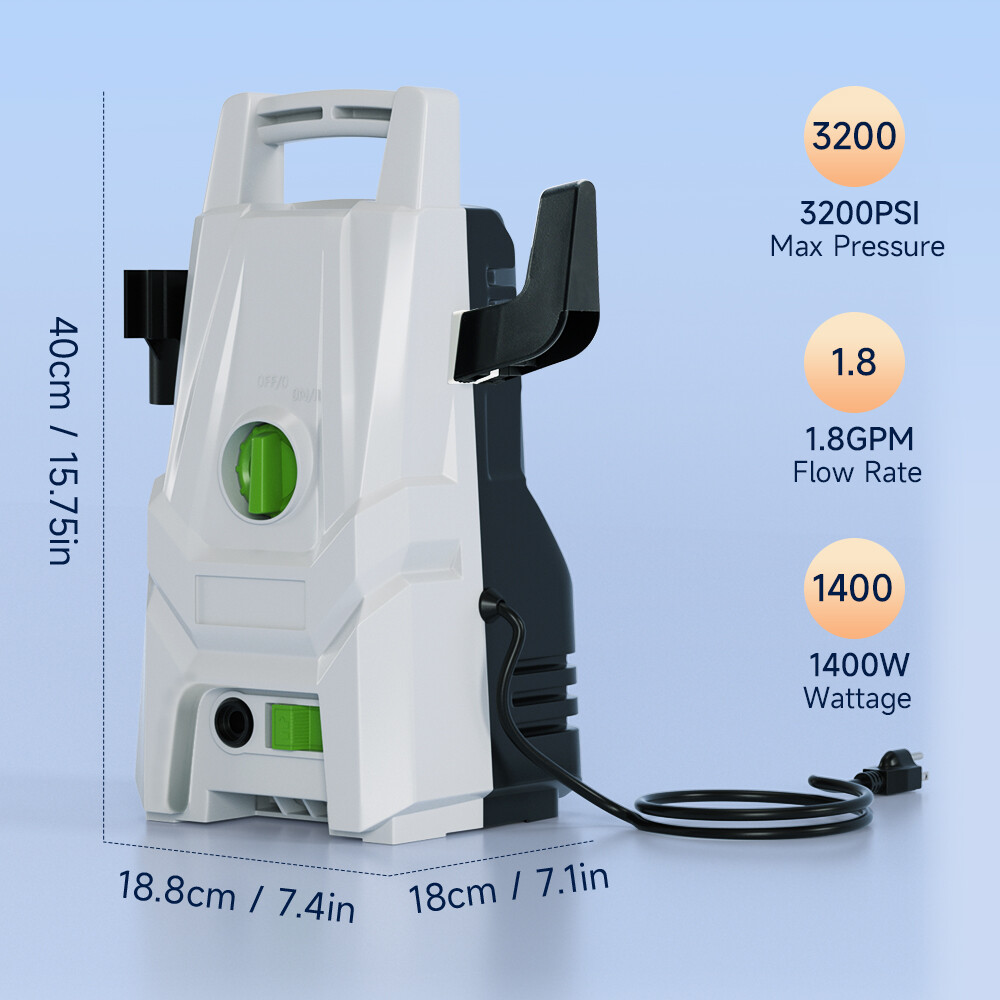 1400W Portable Electric High Pressure Washer 3200PSI Max 1.8GPM Power Washer,