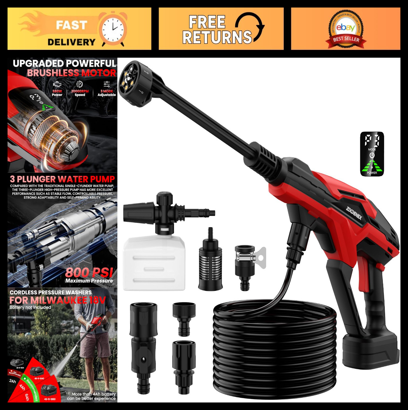 Portable Cordless Pressure Washer, 800 PSI, 6-in-1 Nozzle, Adjustable Power, Bat