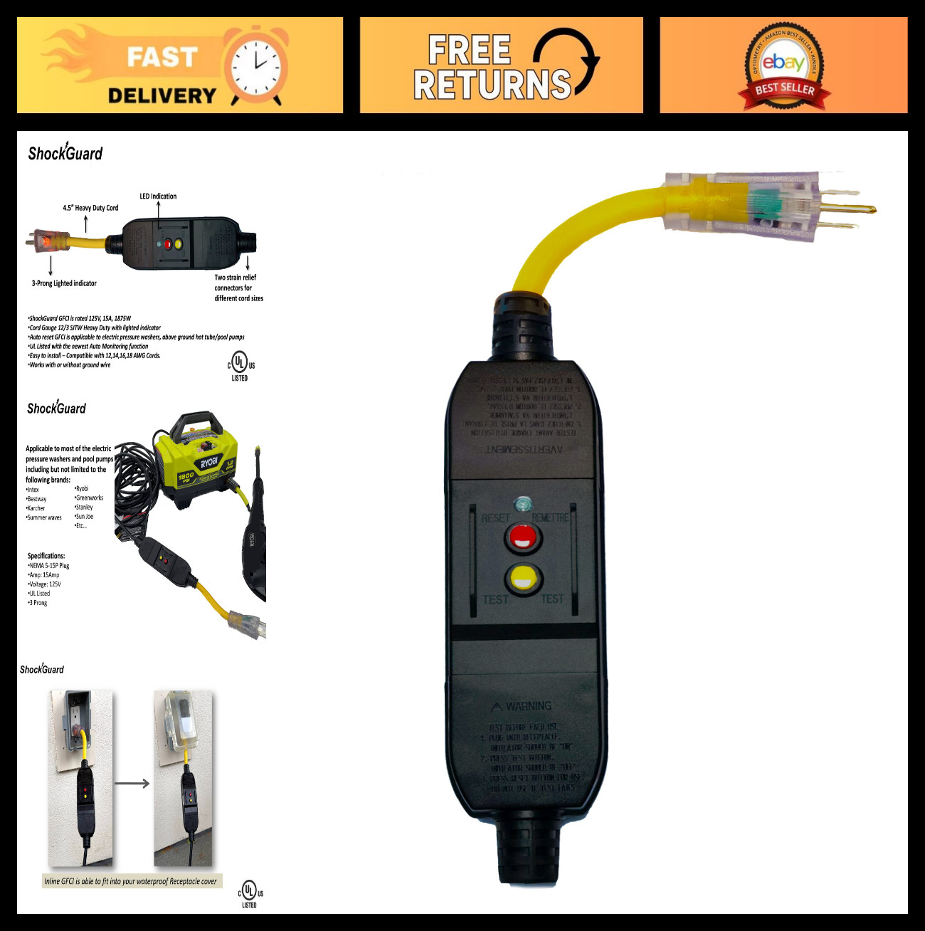 GFCI Replacement Inline 3-Prong Plug for Pressure Washers, Pool Pumps & Hot Tubs