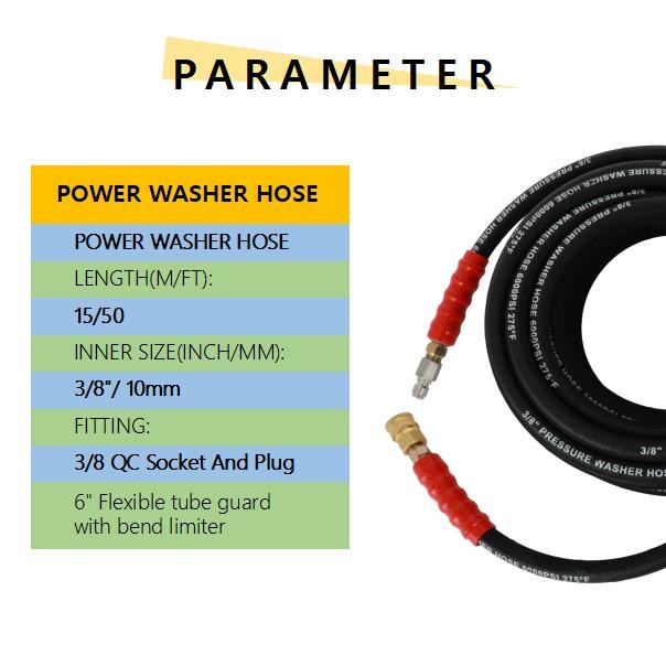 50ft 3/8″ 6000 PSI Pressure Washer Hose Black Non-Marking R2 Rating