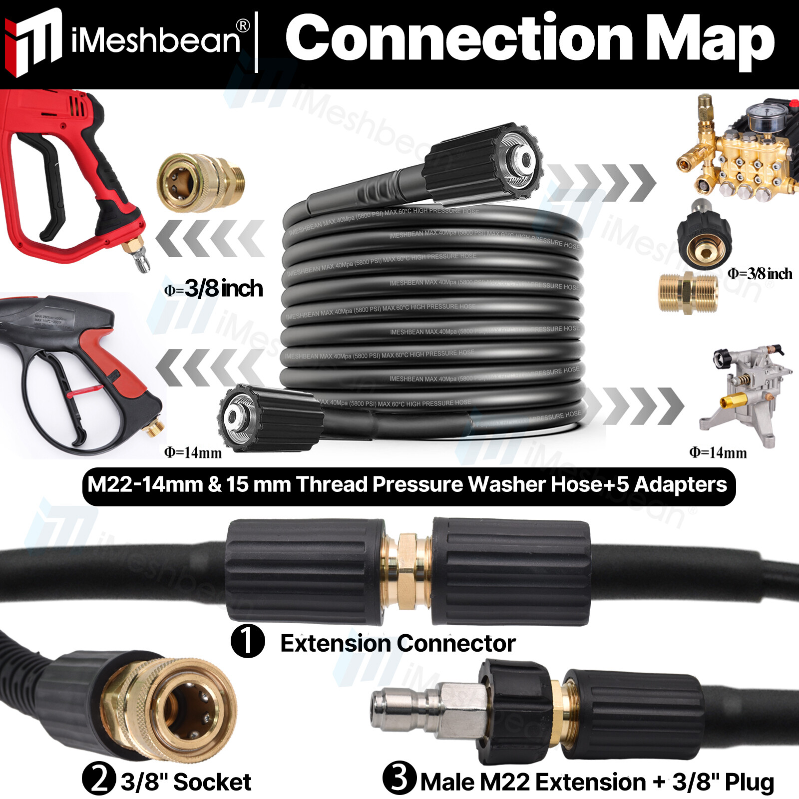 High Pressure Washer Hose 25/50/100′ 5800PSI 3/8″ QC &M22-14mm Extension Tube