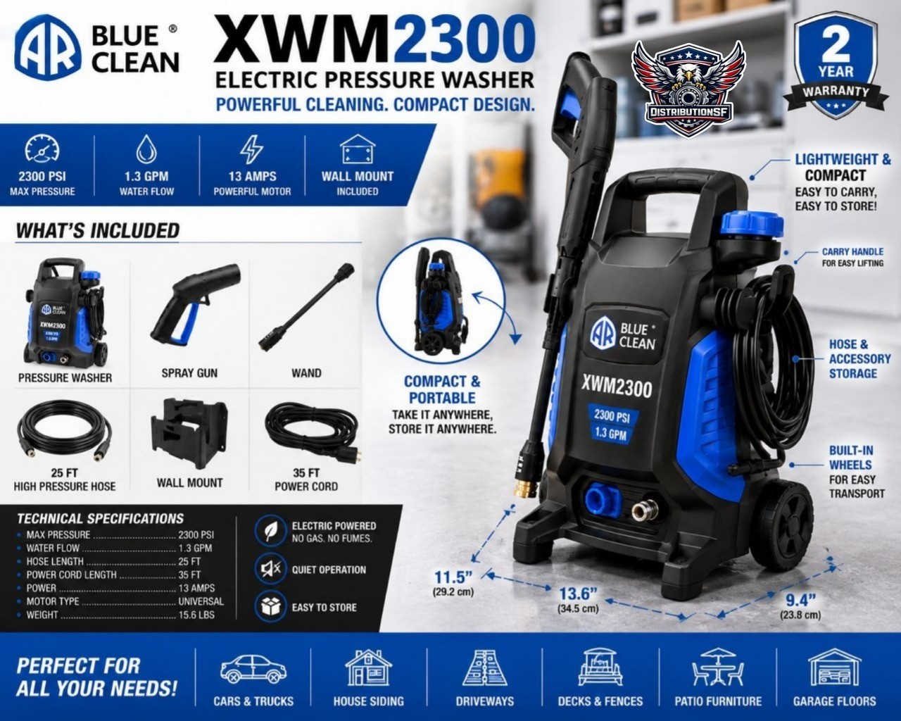 AR Blue Clean XWM2300 Electric Pressure Washer 2300 PSI 1.3 GPM Portable