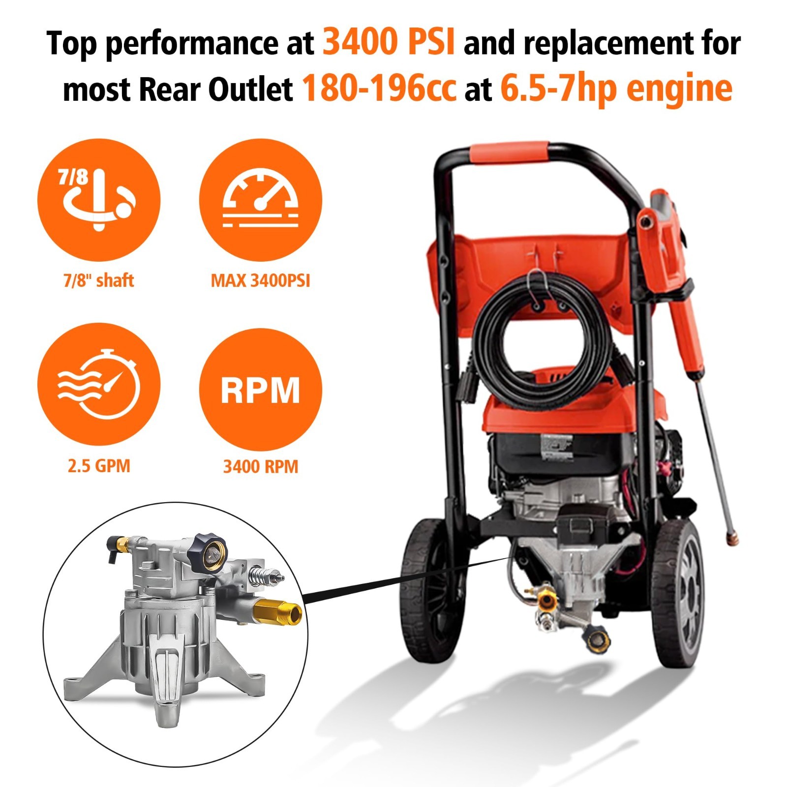 Vertical Pressure Washer Pump 7/8″ Shaft, 2600-3400 PSI, 2.5 GPM Replacement Pum