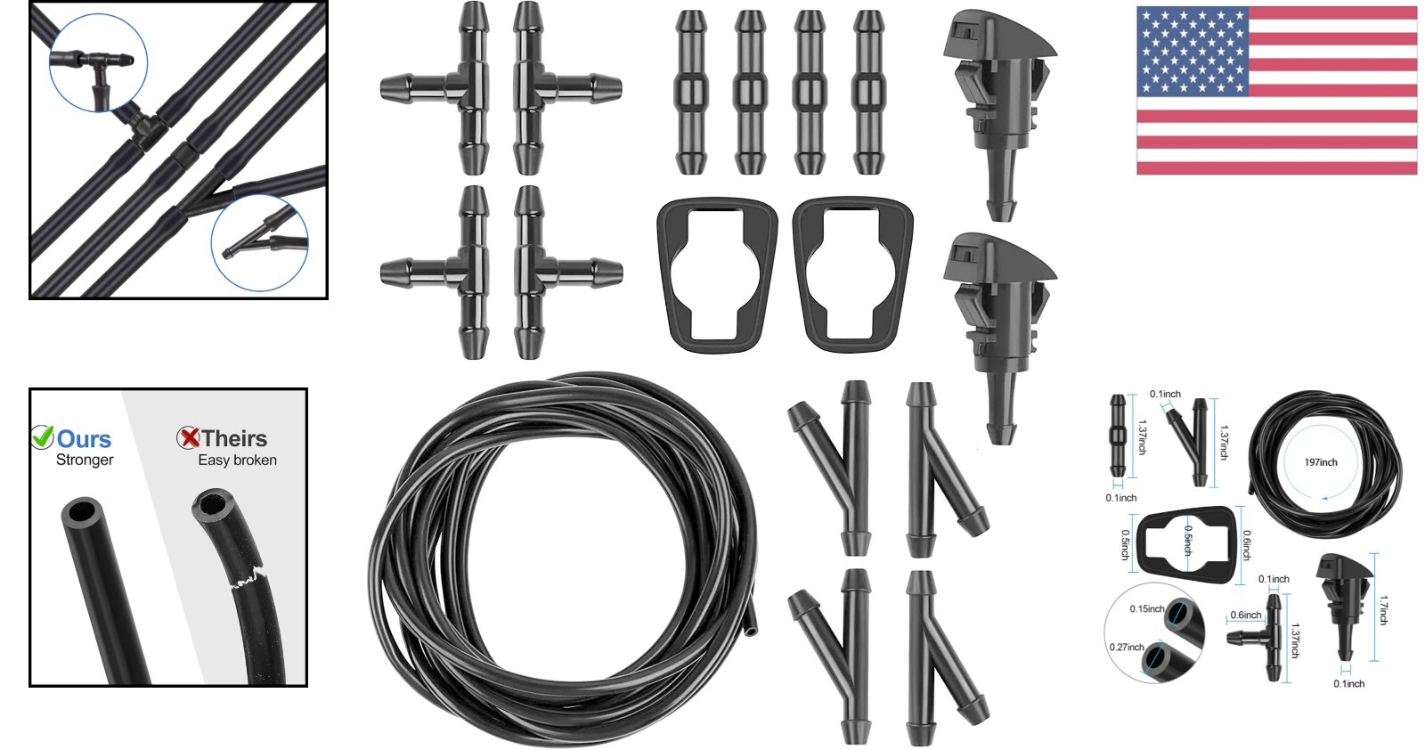 5M Windshield Washer Hose Kit with 12 Connectors, 2 Fan Nozzles & 2 Rubber Ga…