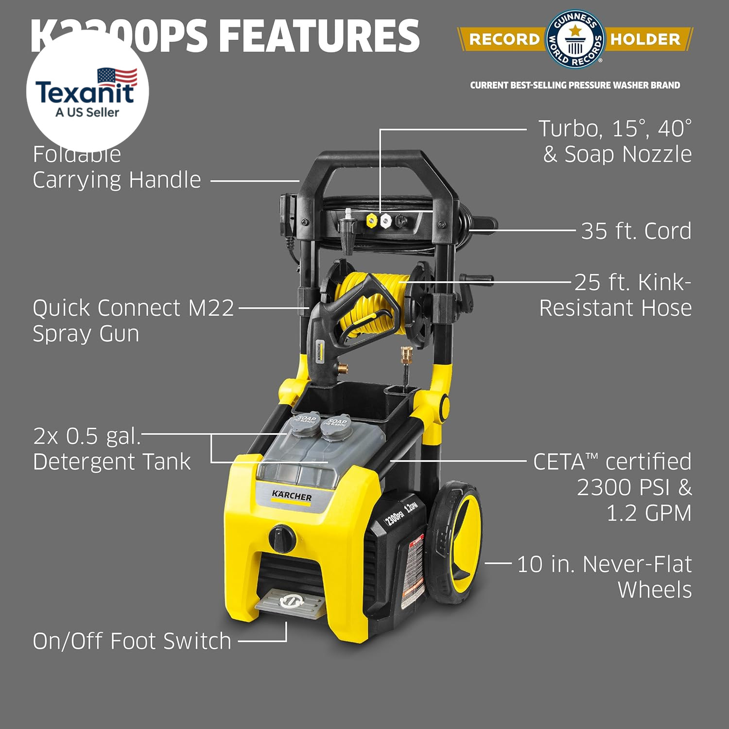 Kärcher Pressure Washer K2300PS, CETA Certified, 4 Spray Nozzles, Detergent Tank