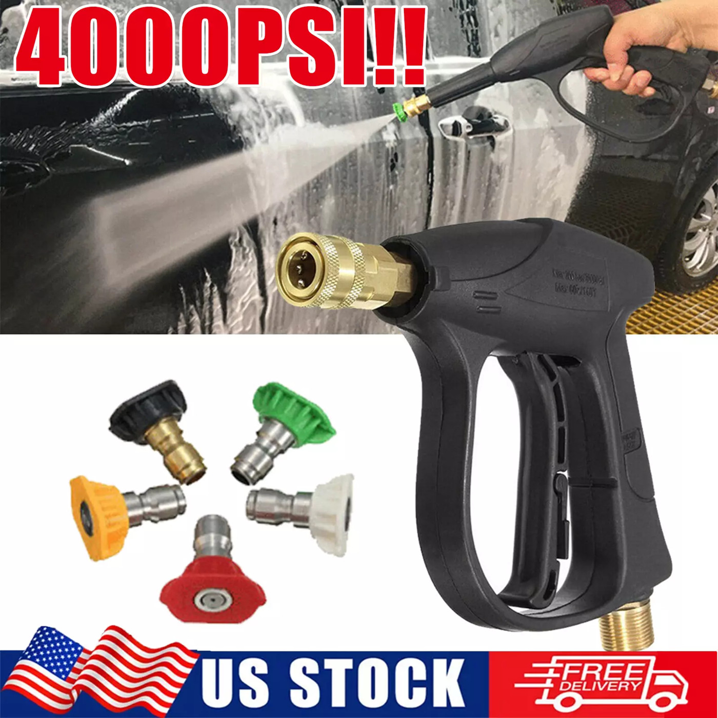 1/4″ High Pressure Washer Gun 4000 PSI Car Wash Foam Spray Short Wand w/5 Nozzle