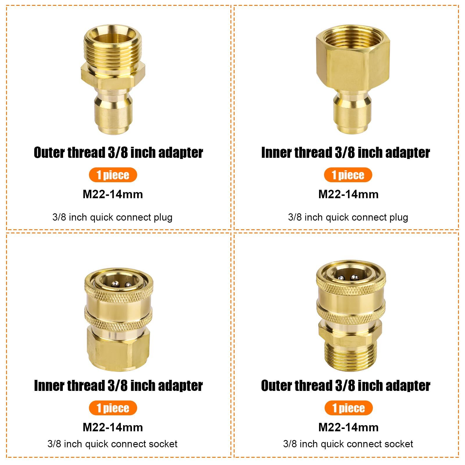 4PCS M22-14mm to 3/8″ Quick Connect Pressure Washer Adapter Set 5000 PSI