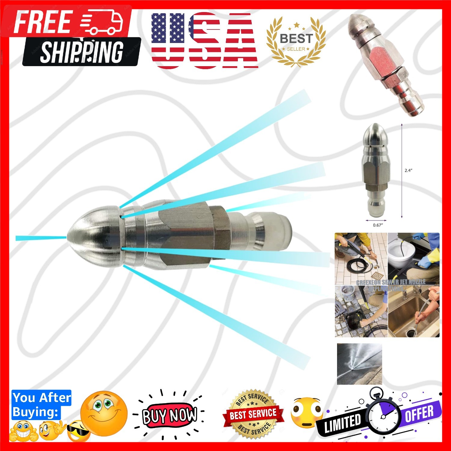 Sewer Jetter Nozzle,Stainless Steel,Pressure Washer Drain Jetter Hose Nozzle,…