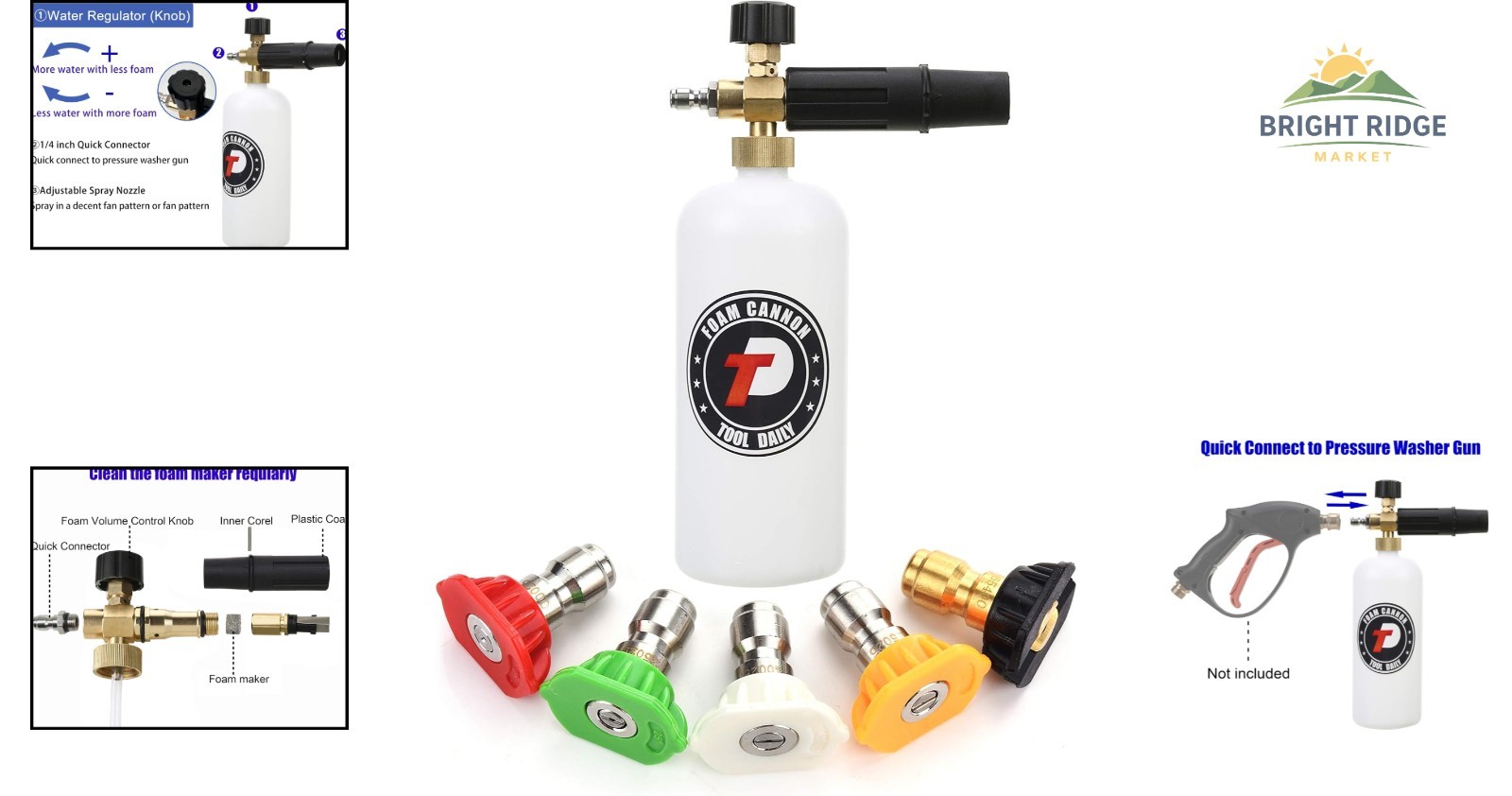 1 Liter Adjustable Snow Foam Lance with 5 Nozzle Tips and Quick Connect Fitting