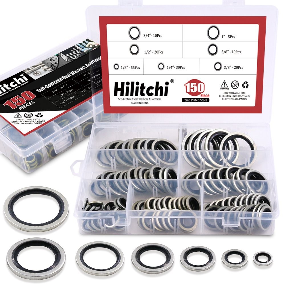 150-Pcs [7-Size] Automotive Self-Centered Bonded Seal Oil Washers Gasket Asso