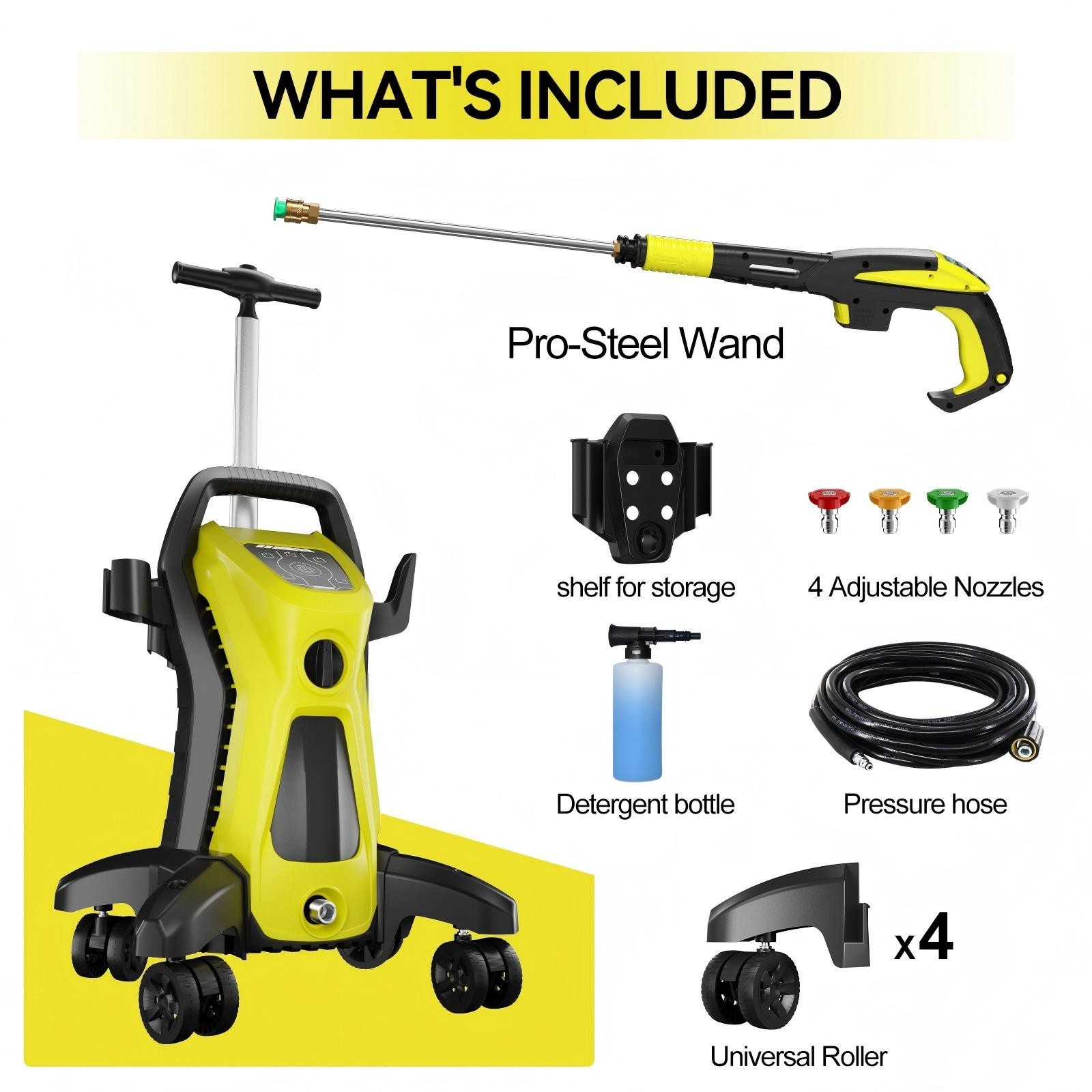 Pressure Washer 4500PSI 3.9GPM, 15-Level Touch, 4 Wheels, 4 Nozzles, for Car
