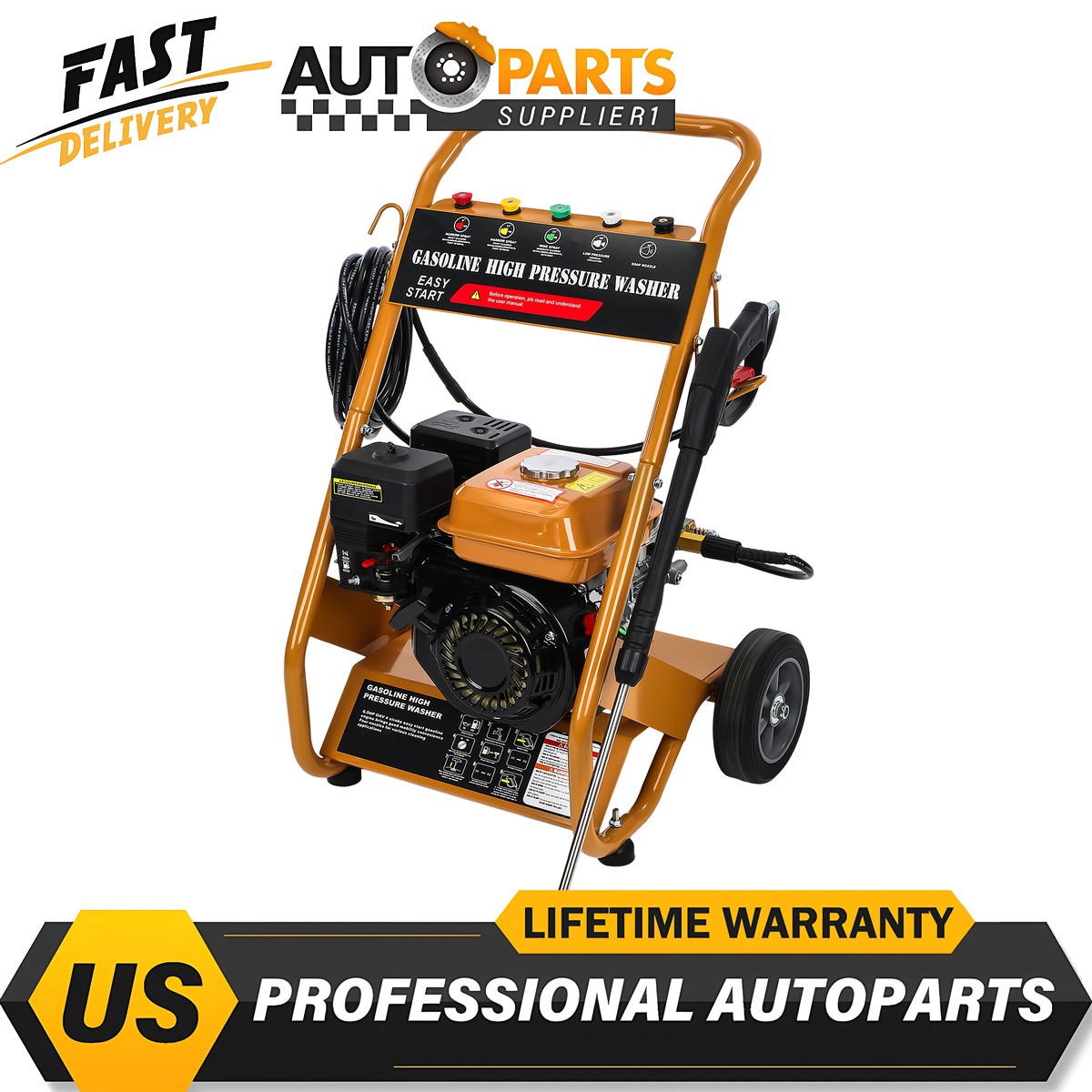 3950 PSI Gas Powered Washer 2.6 GPM 4-Stroke 5 Nozzles 3.6L Fuel Tank Orange