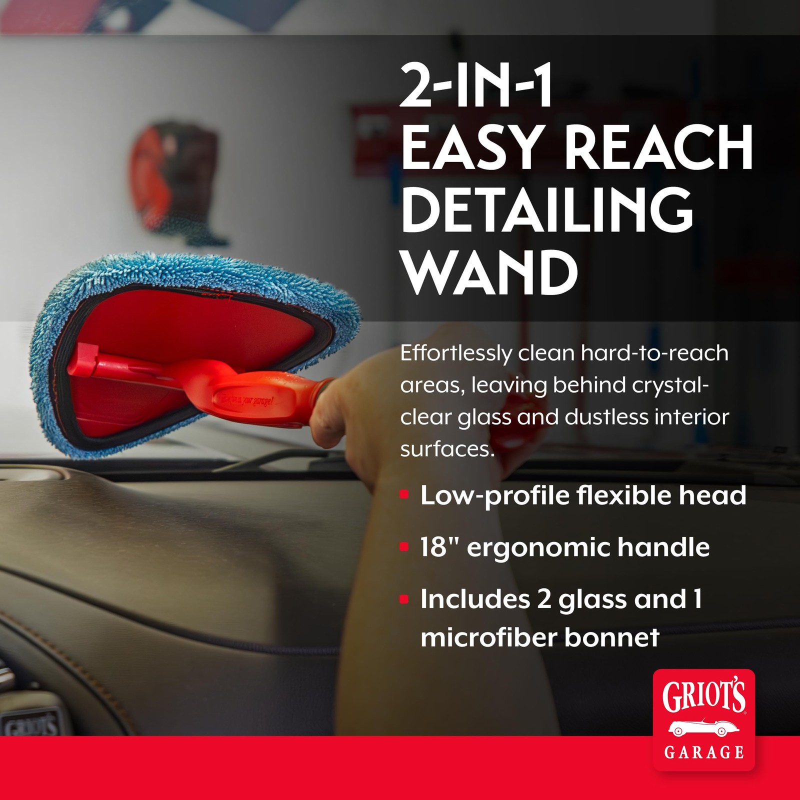 2-in-1 Easy Reach Detailing Wand 18″ Handle for Windshield Window Mirror Dashboa