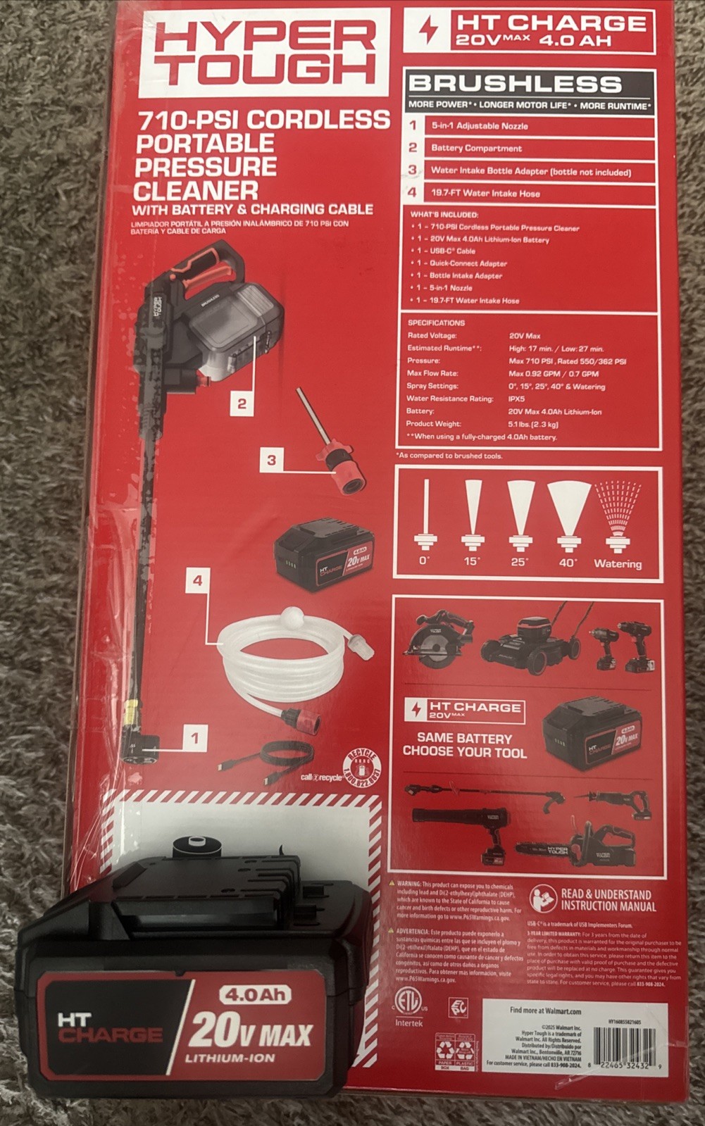 Hyper Tough 710 PSI 20V Brushless Cordless Porta Pressure Cleaner W/ 2nd Battery