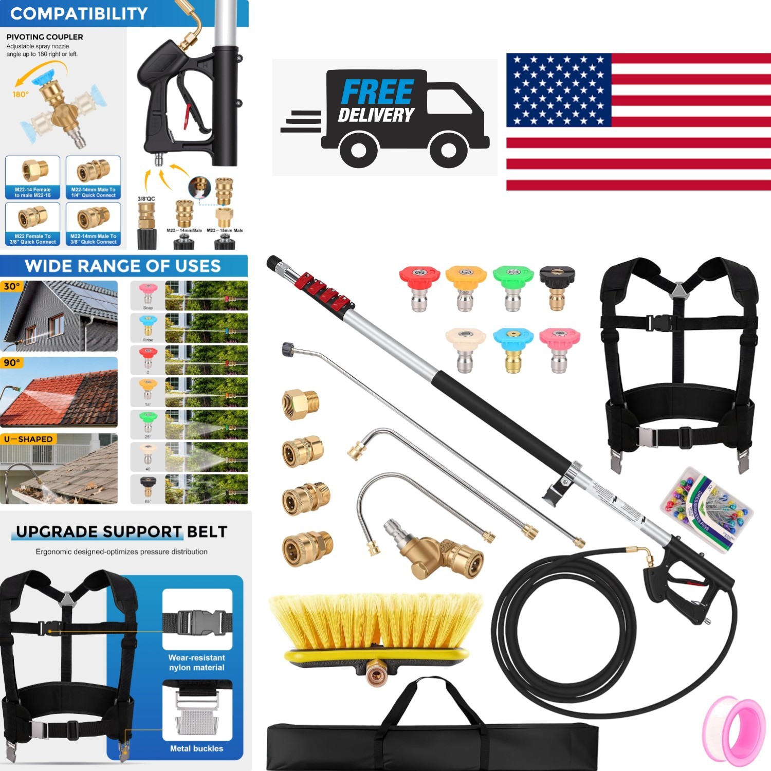 Pressure Washer Wand 24 FT with 4 Adapters for Gas and Electric Machines
