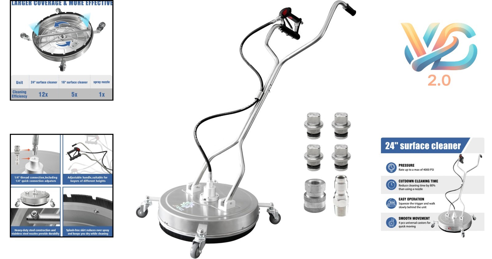 24-Inch Pressure Washer Surface Cleaner with 4 Wheels & Nozzles