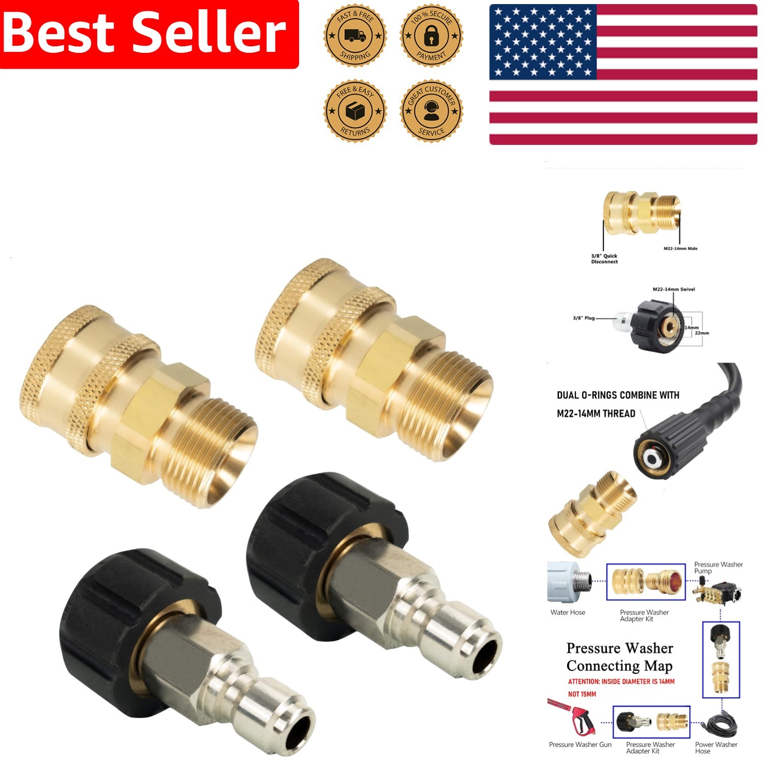 M22 Quick Connect Kit 4 Pack Pressure Washer Fittings, Durable Brass