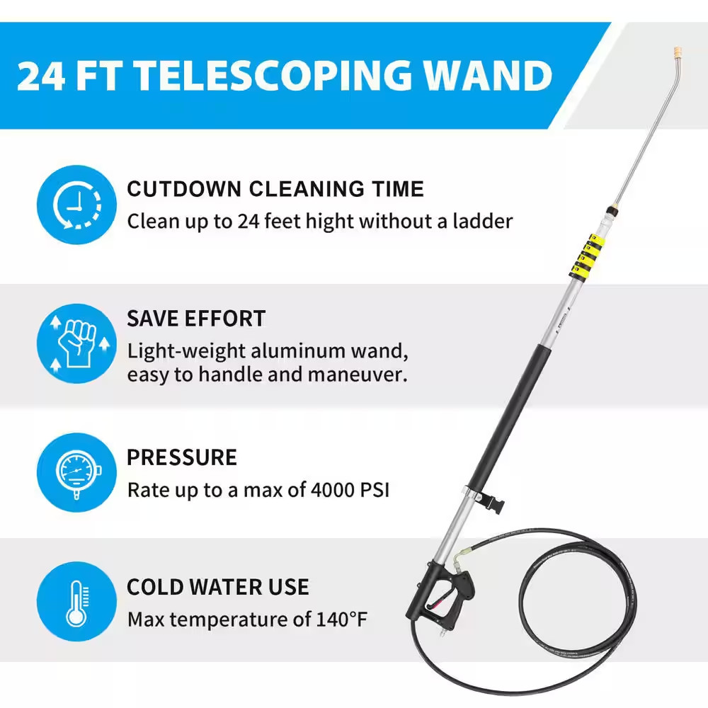 24 Ft. Telescoping Pressure Washer Sprayer Wand Aluminum Extension Pole with 7 N