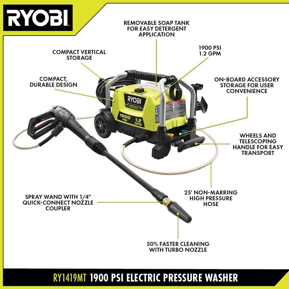 RYOBI 1900 PSI 1.2 GPM Cold Water Wheeled Corded Electric Pressure Washer