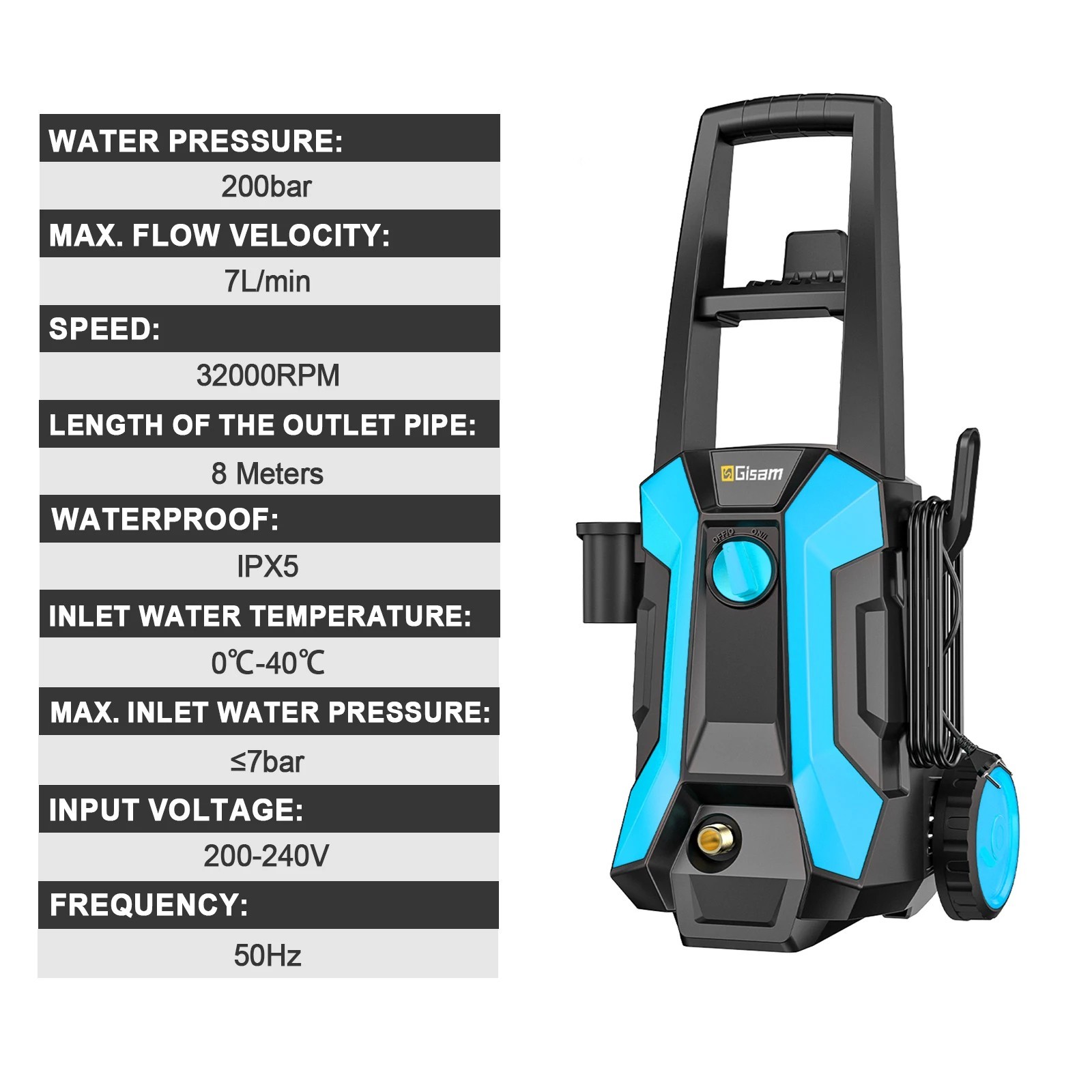 Gisam 2200W 200Bar Electric High Pressure Washer Car Washer Gun Garden Washing