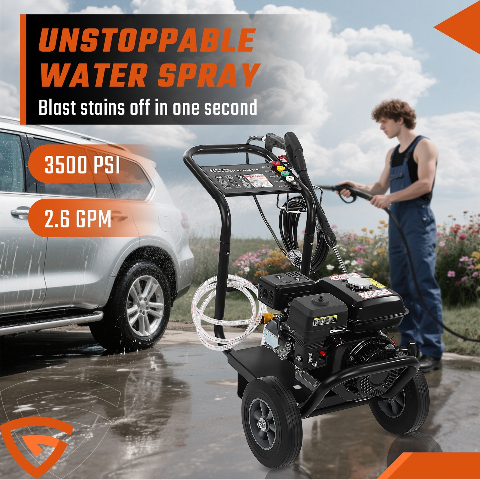 Gas Pressure Washer 3500PSI 2.6 GPM 212CC with 5 Nozzle Set for 3.6L FUEL TANK