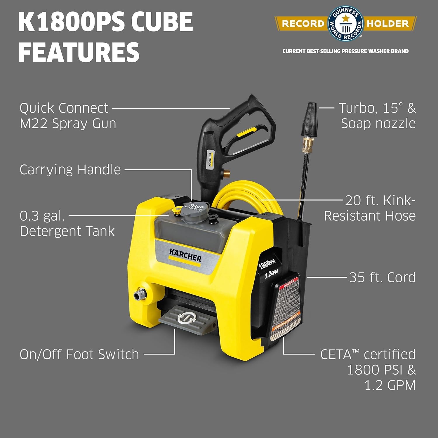 Kärcher Pressure Washer K1800PS Cube, CETA Certified, 3 Spray Nozzles, Detergent