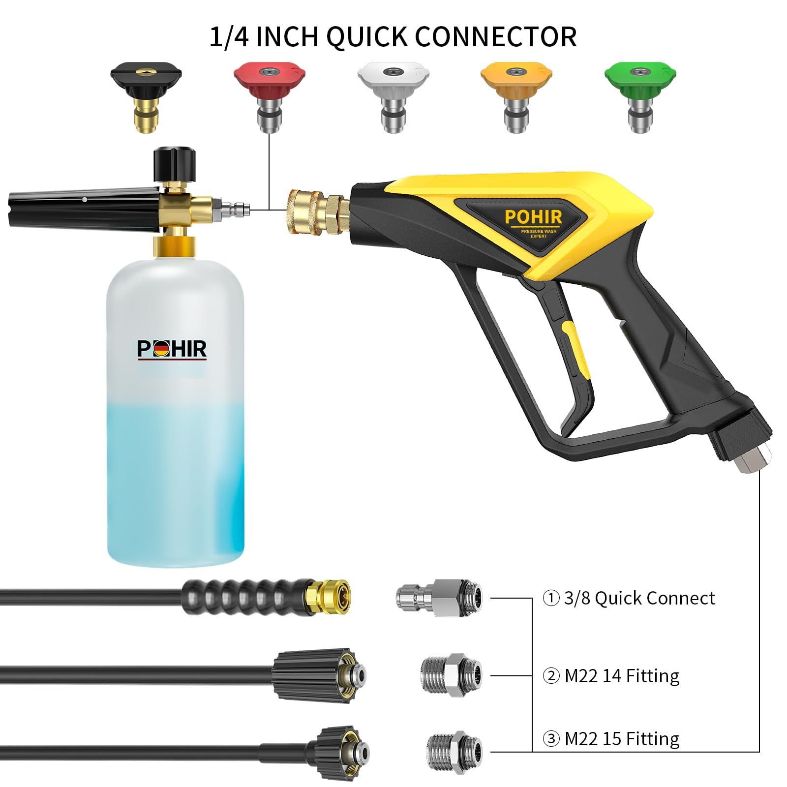 Short Pressure Washer with Foam Cannon, 1/4 Inch Quick Connector, with 5 Pres…