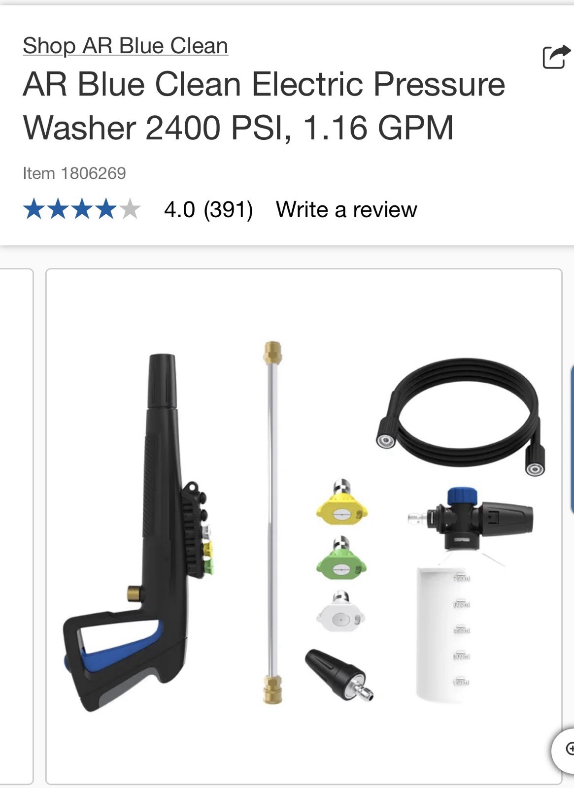 AR Blue Clean XP3-2400 PSI 1.16 GPM 14 Amp Motor Electric Pressure Washer