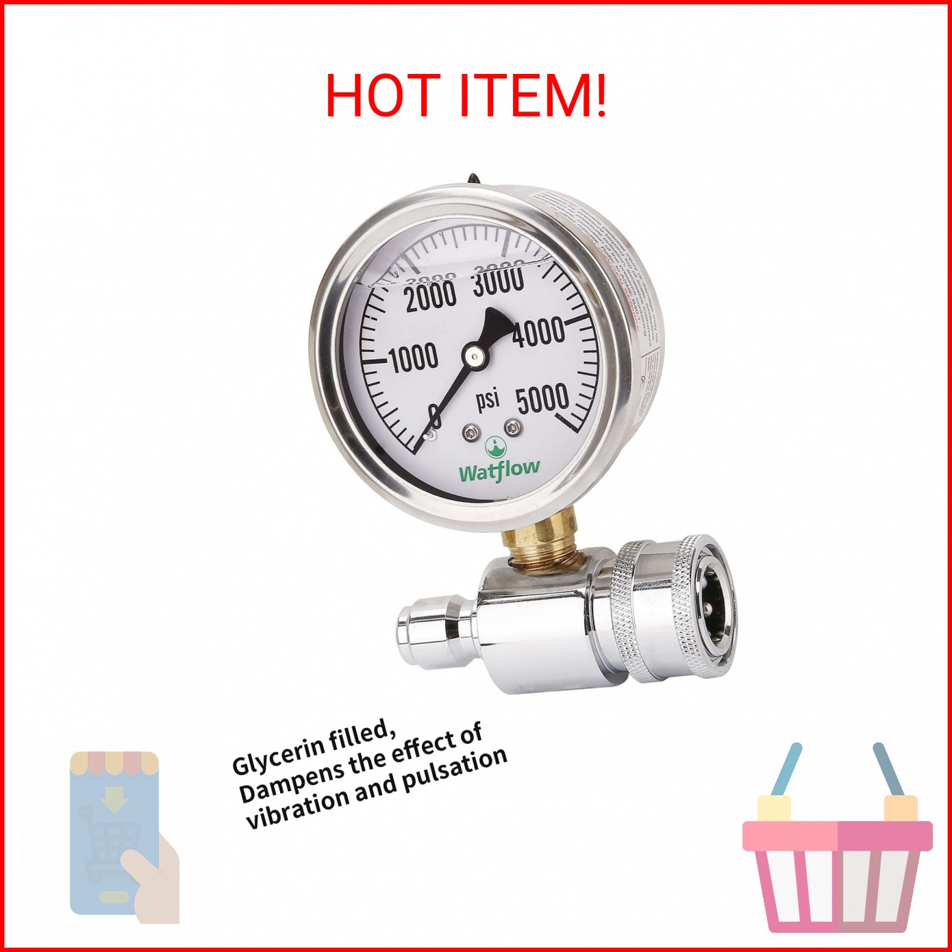 Watflow 2-1/2″ Pressure Washer Pressure Gauge Kit, 3/8 Inch Quick Connect, 0-500