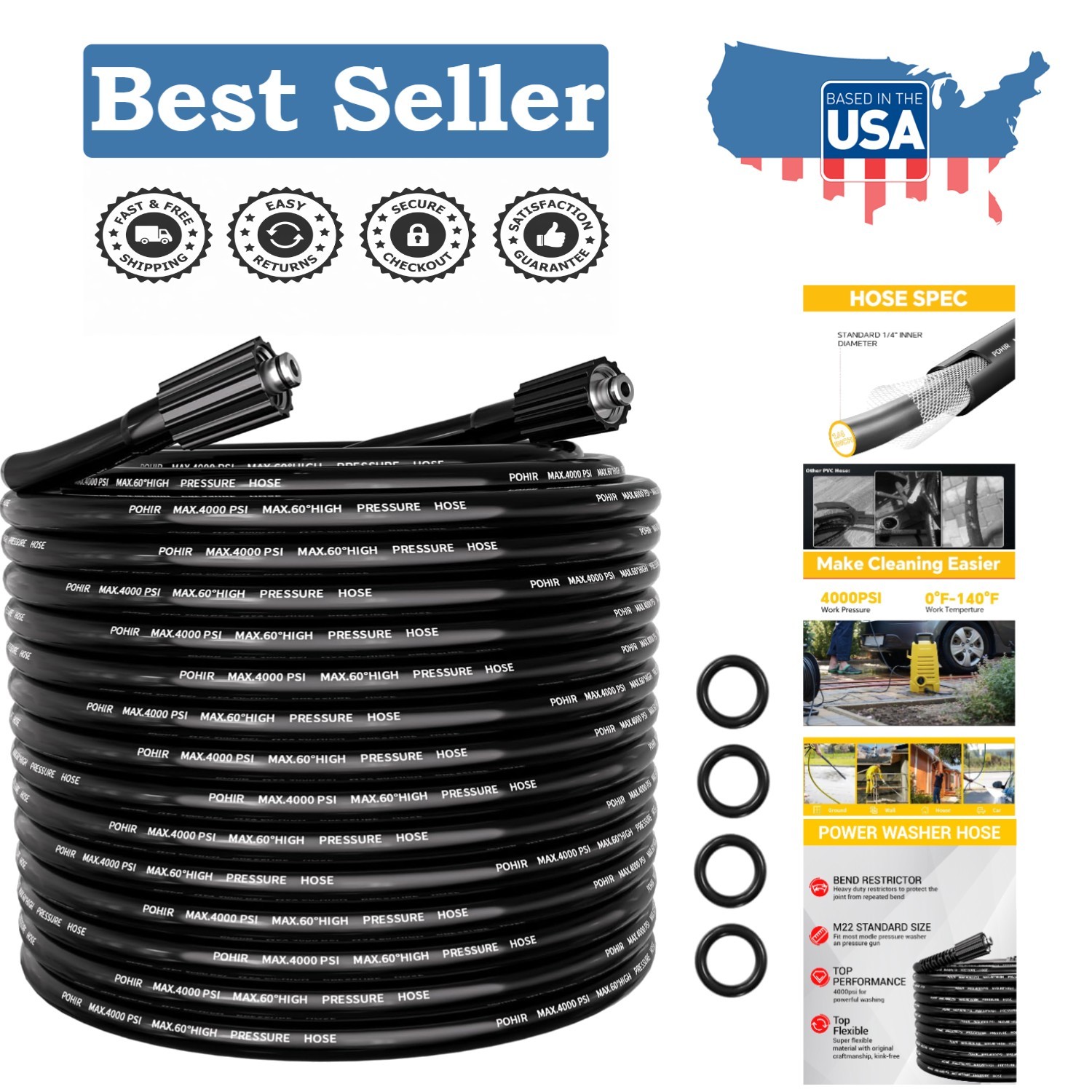 Flexible 50FT Pressure Washer Extension Hose – Kink Resistant & Lightweight