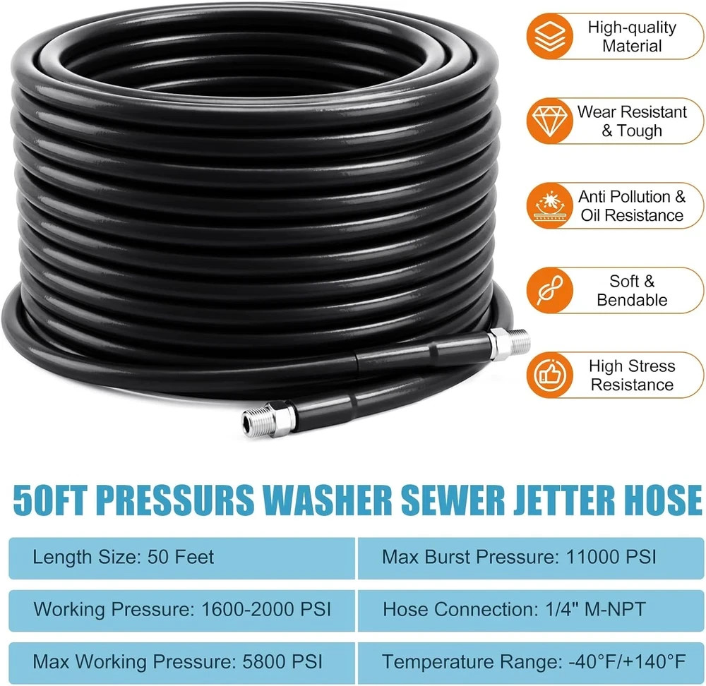 Drain Jetter Kit for Pressure Washer 50FT, 5800 PSI Sewer Jetter Hose Kit with 4